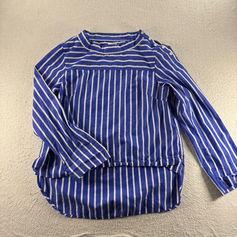 J Crew Striped‎ Button Shoulder High Neck Blouse Women Size 8 Blue White Career